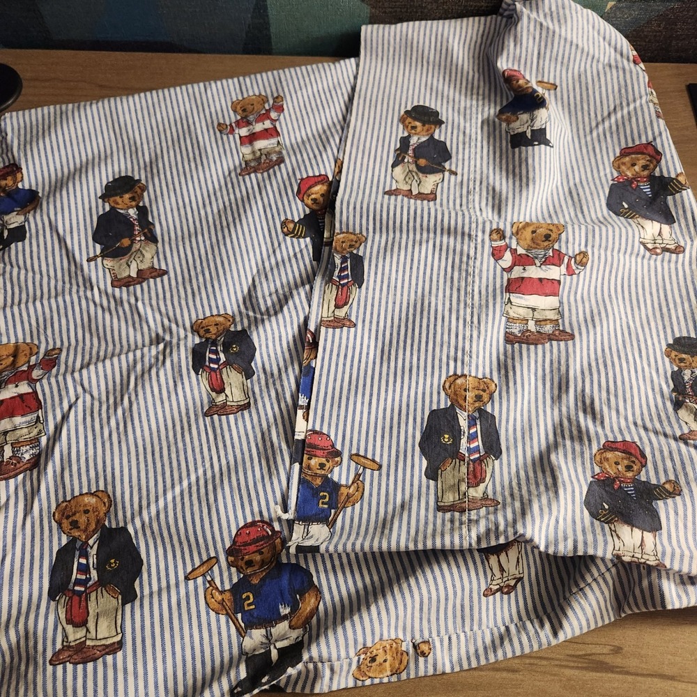 Vintage Ralph Lauren Polo Bear Pillowcase Set Blue White Stripe Cotton USA Made - Picture 4 of 5